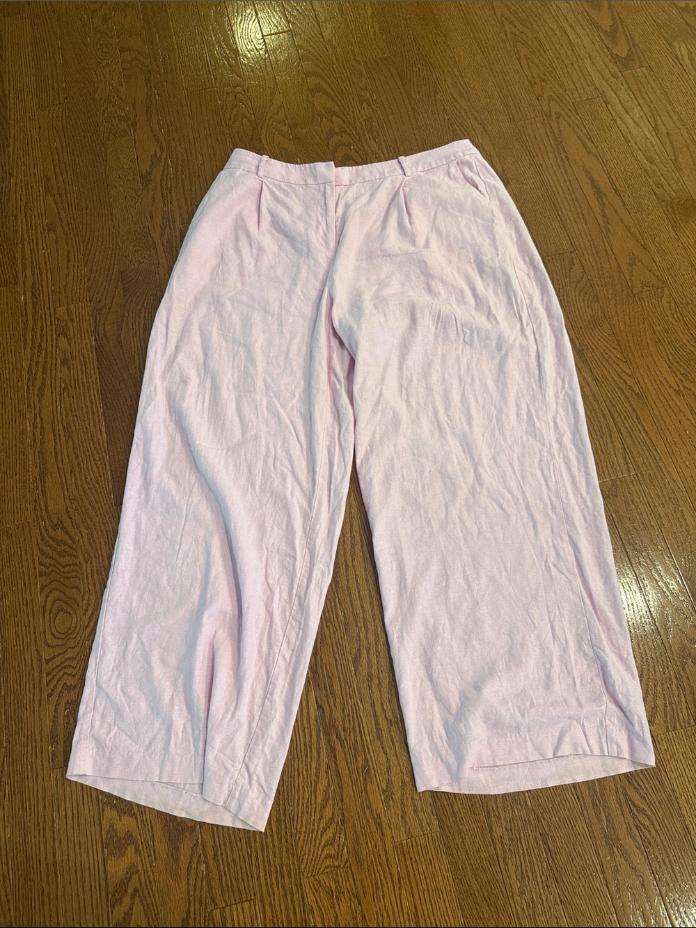 Open Edit Light Pink Wide-Leg Cropped Pants 14 linen blend